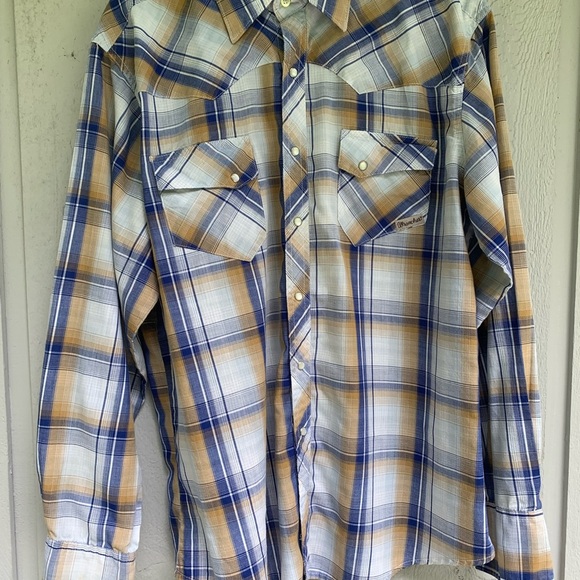 Wrangler Wrancher Pearl Snap Western Shirt Men’s Blue Plaid Size Large Cowboy - Picture 2 of 16
